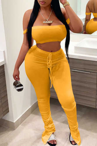 Yellow Fashion Sexy Solid Backless Strapless Sleeveless Two Pieces