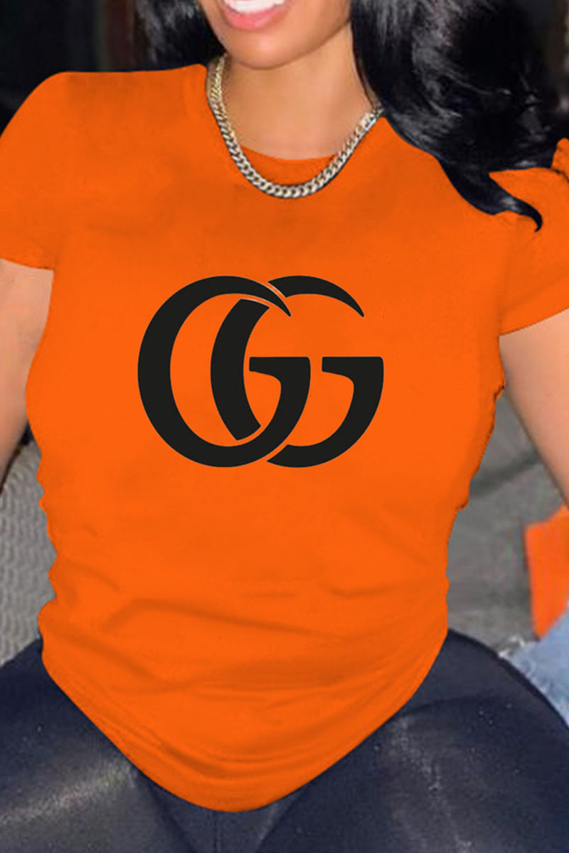 

Orange Fashion Casual Print Letter O Neck T-Shirts