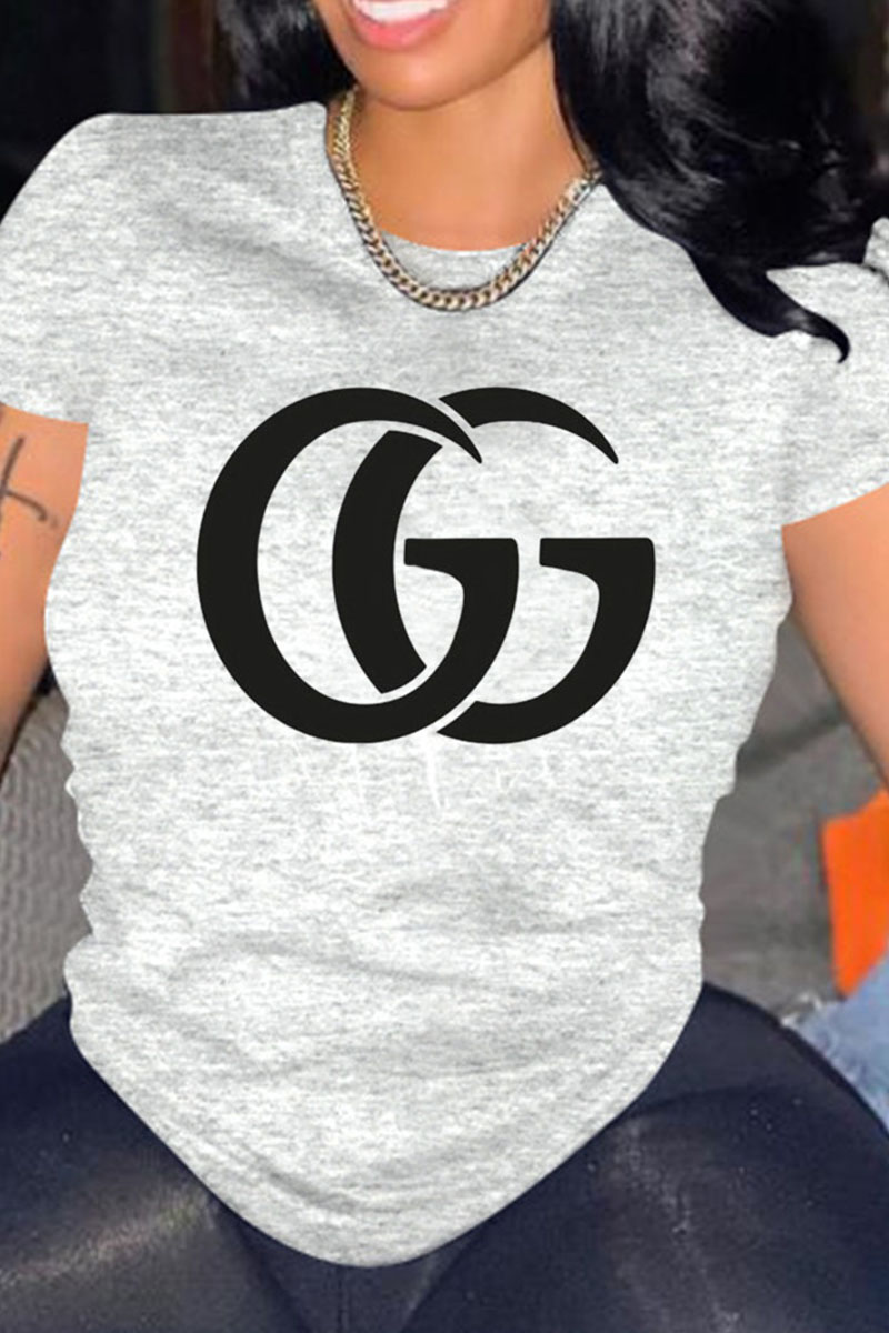 

Grey Fashion Casual Print Letter O Neck T-Shirts