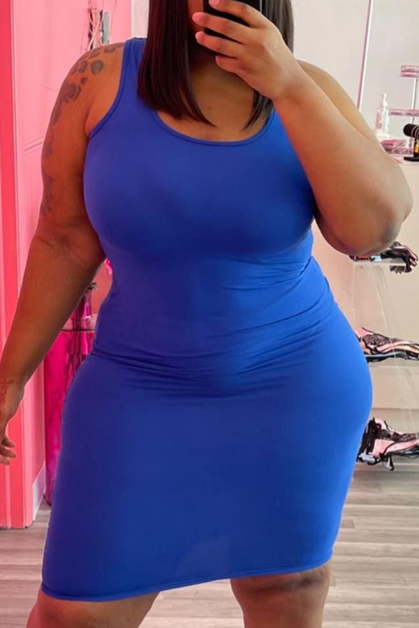 Blauwe sexy effen patchwork O-hals kokerrok Grote maten jurken