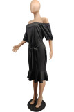 Black Casual Solid Patchwork Flounce Straight Plus Size Dresses