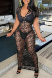 Schwarze Mode Sexy feste durchsichtige V-Ausschnitt Kurzarm Kleid Kleider