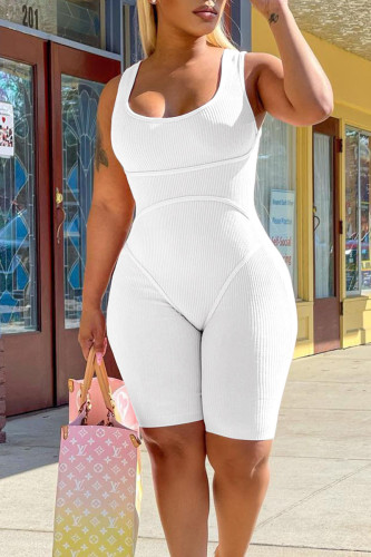 White Sexy Sportswear Solid Patchwork Spaghetti Strap Regular Rompers