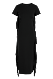 ブラックカジュアルソリッドタッセルOネックペンシルスカートドレス