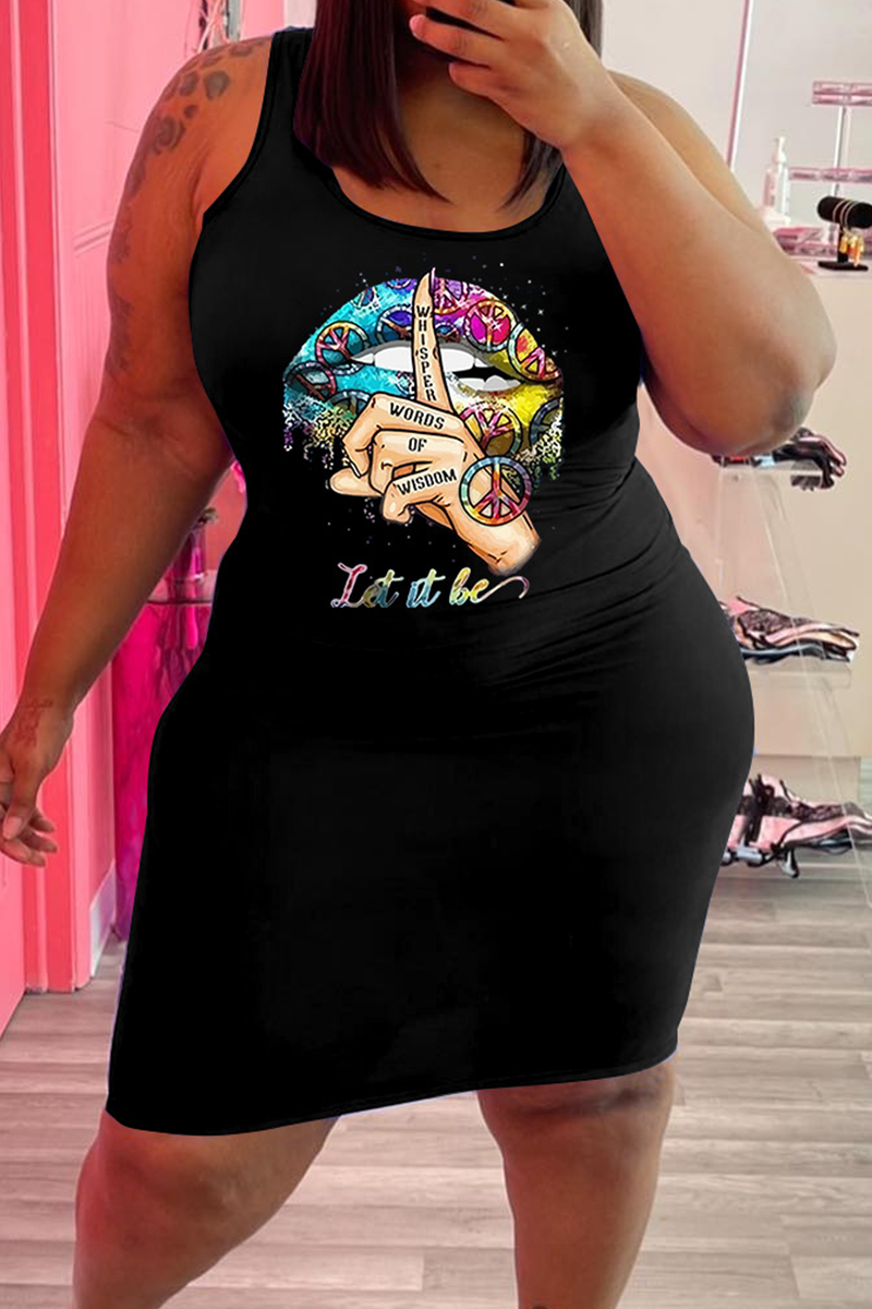 

Black Sexy Lips Printed Split Joint U Neck Pencil Skirt Plus Size Dresses