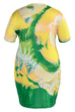 オレンジグリーンファッションカジュアルレタープリント絞り染めOネック半袖ドレスドレス