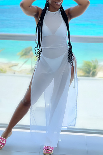 Conjunto de tres piezas de trajes de baño transparentes sólidos sexy de moda blanca (sin rellenos)