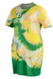 Gelb Mode Lässig Brief Drucken Tie-Dye O-Ausschnitt Kurzarm Kleid Kleider