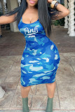 Синий сексуальный принт с камуфляжным принтом в стиле пэчворк с U-образным вырезом, одноступенчатые платья с юбкой
