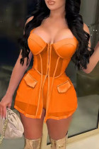 Оранжевый модный сексуальный однотонный лоскутный прозрачный квадратный воротник без рукавов из двух частей
