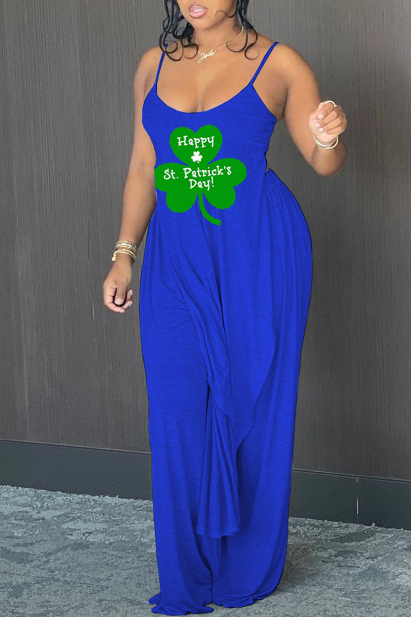 

Blue Sexy Print Split Joint Asymmetrical Spaghetti Strap Sleeveless Two Pieces