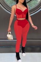 Vermelho moda sexy sólido retalhos transparente sem costas alça espaguete sem mangas duas peças
