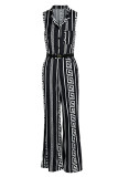 Черные повседневные прямые комбинезоны с принтом в стиле пэчворк и воротником-стойкой с пряжкой