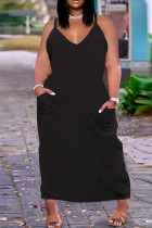 Vestido largo con correa de espagueti de bolsillo sólido de talla grande casual sexy negro