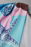 Moda azul sexy estampa patchwork decote em V vestidos de manga comprida