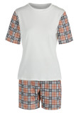 Black Fashion Casual Plaid Print Patchwork O Neck Short Sleeve Two Pieces