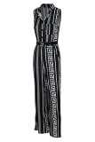 Черные повседневные прямые комбинезоны с принтом в стиле пэчворк и воротником-стойкой с пряжкой