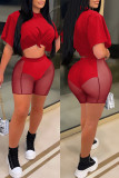 Красные модные сексуальные однотонные лоскутные прозрачные о-образным вырезом с короткими рукавами из двух частей