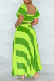 Grönt mode Casual Print urholkat rygglös V-hals Kort ärm Två delar