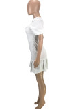 Weißes, modisches, lässiges, festes, kurzärmliges Kleid mit O-Ausschnitt