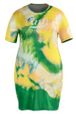 Gelb Mode Lässig Brief Drucken Tie-Dye O-Ausschnitt Kurzarm Kleid Kleider