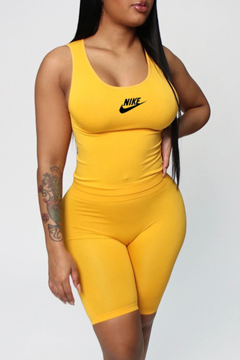 

Yellow Fashion Casual Print Split Joint U Neck Sleeveless Two Pieces