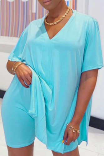 Blue Fashion Casual Solid Slit V Neck Plus Size Two Pieces