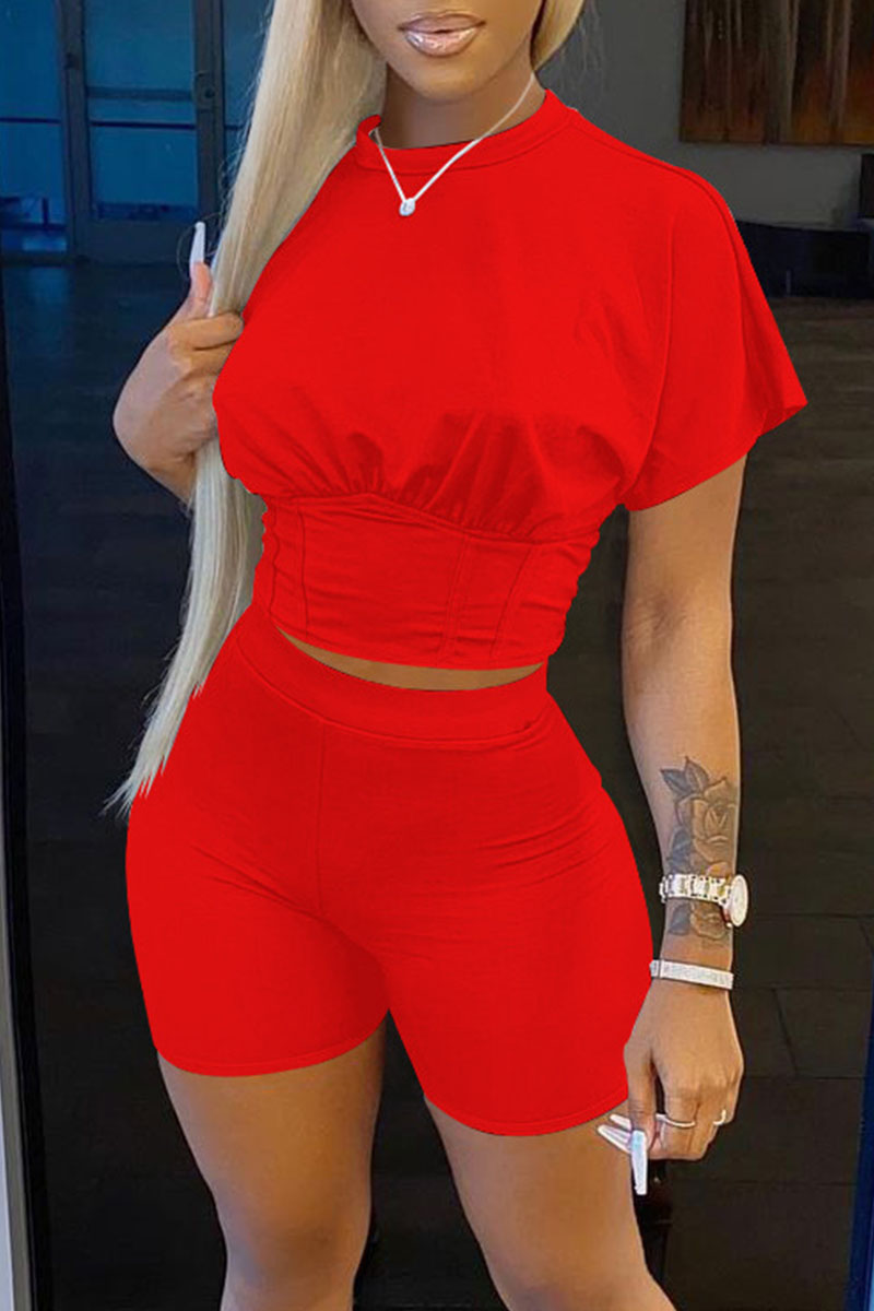 

Red Casual Solid Split Joint O Neck Short Sleeve Two Pieces
