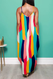 Flerfärgad mode sexigt tryck rygglös spaghettirem lång klänning