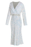 ホワイト エレガント ソリッド スパンコール パッチワーク V ネック イブニング ドレス プラス サイズ ドレス