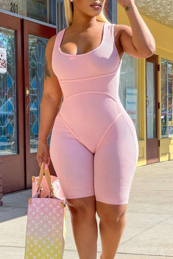 Pink Sexy Sportswear Solid Patchwork Spaghetti Strap Regular Rompers