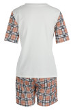 White Fashion Casual Plaid Print Patchwork O Neck Short Sleeve Two Pieces