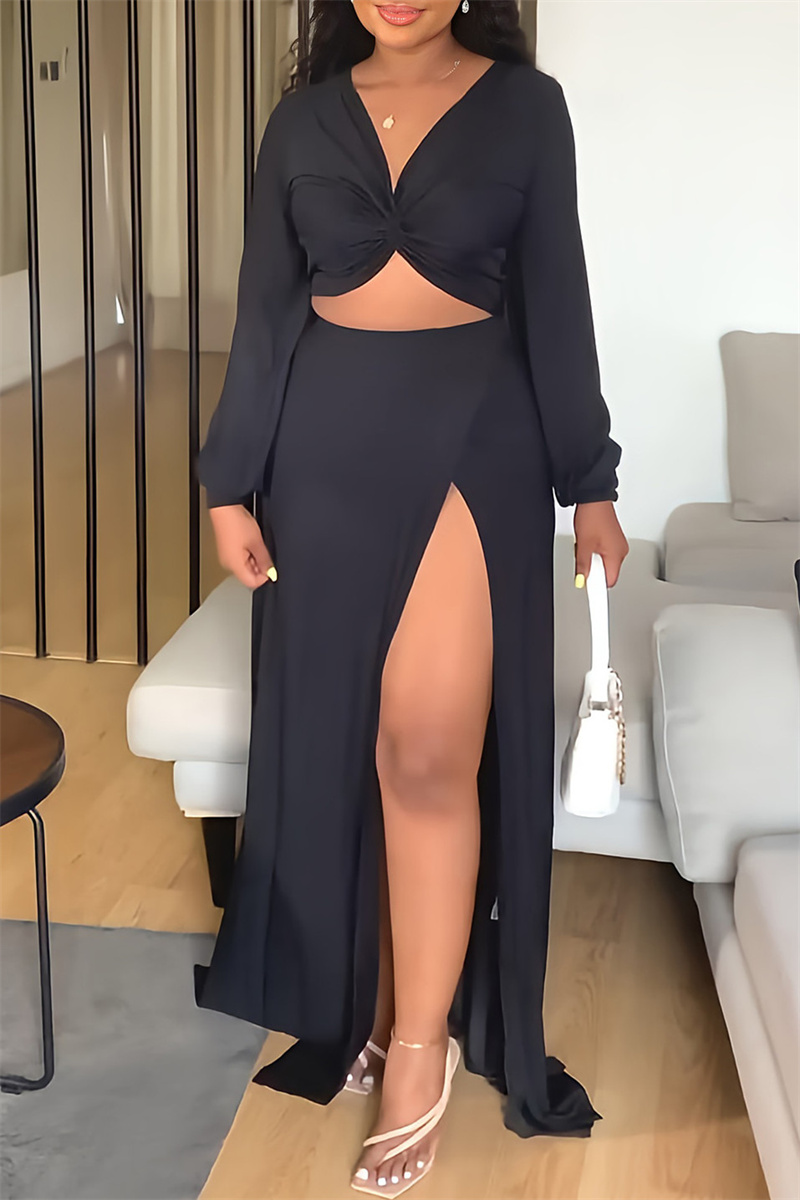 

Black Fashion Casual Solid Slit V Neck Long Sleeve Two Pieces