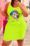Fluorescent Green Sexy Lips Printed Patchwork U Neck Pencil Skirt Plus Size Dresses