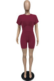 Burgundy Casual Solid Patchwork O Neck Short Sleeve Two Pieces