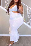 Weiße Mode Sexy Plus Size Solide ausgehöhltes ärmelloses Kleid mit V-Ausschnitt