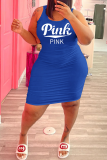ブルーカジュアルプリントレターUネックペンシルスカートプラスサイズのドレス