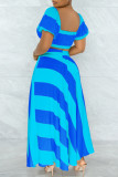 Синий модный повседневный принт с открытой спиной и V-образным вырезом с коротким рукавом из двух частей
