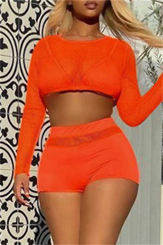 Orange Fashion Casual Solid Patchwork See-through O Neck Long Sleeve Two Pieces
