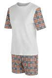 Blanc Fashion Casual Plaid Print Patchwork O Neck Short Sleeve Two Pieces