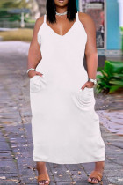 Белое сексуальное повседневное длинное платье больших размеров с однотонным карманом на тонких бретелях