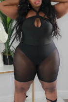 Black Sexy Solid Patchwork See-through Halter Plus Size Two Pieces