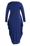 Blauwe casual effen patchwork asymmetrische onregelmatige jurk met ronde hals Grote maten jurken