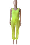 Fluorescent Green Sexy Solid Patchwork See-through U Neck Two Pieces