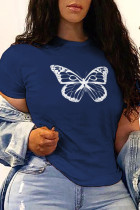 Navy Blue Fashion Street Butterfly Print Split Joint O Neck T-Shirts