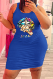 Blue Sexy Lips Printed Patchwork U Neck Pencil Skirt Plus Size Dresses