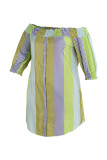 Pink Yellow Casual Cute Striped Print Off the Shoulder Straight Plus Size Dresses