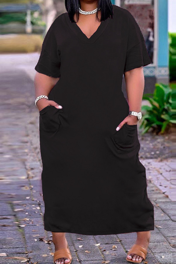 Vestido de manga corta con cuello en V y bolsillo sólido de talla grande casual de moda negro