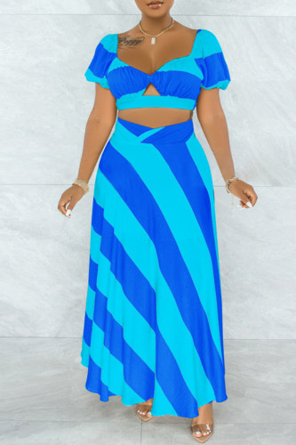 Blue Fashion Casual Print Hollowed Out Backless V Neck Short Sleeve Two Pieces