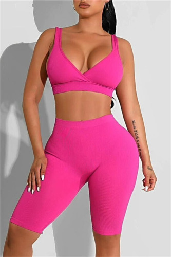 Rose Red Casual Sportswear Solid Basic V Neck Sleeveless Two Pieces